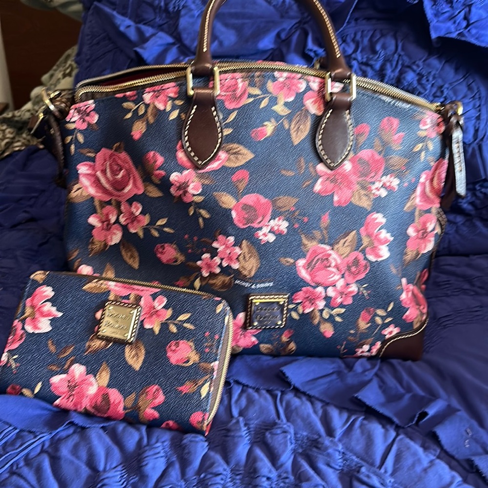 Dooney and Bourke cabbage rose satchel in navy